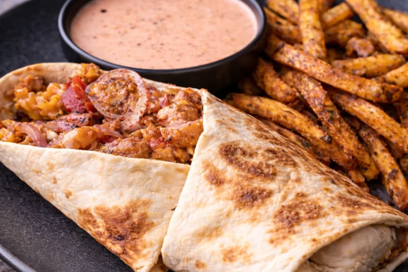 Chicken Shawarma Wrap with Garlic Sauce and Spiced Fries