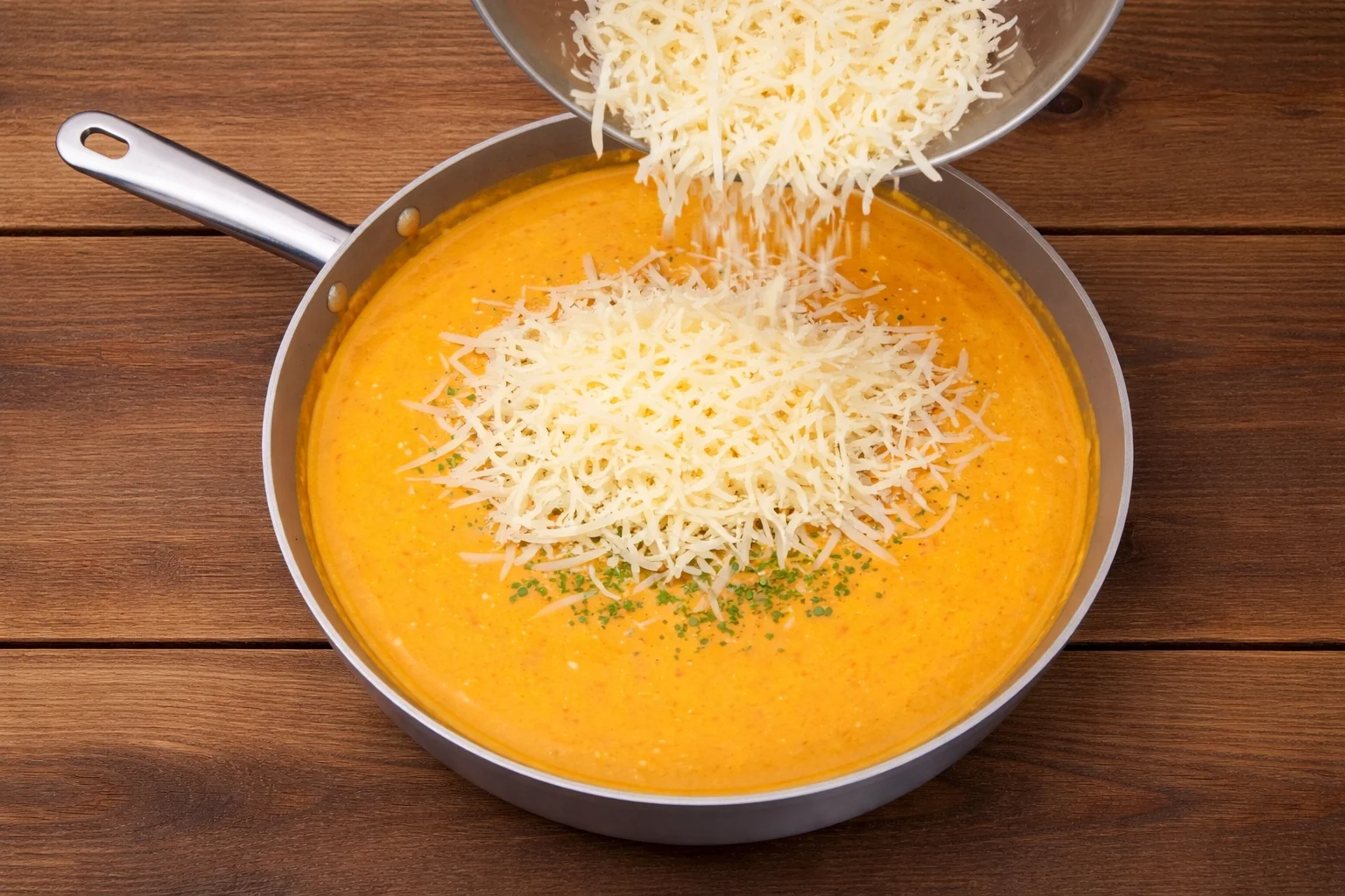 Shredded cheese being added to buffalo chicken mixture in skillet