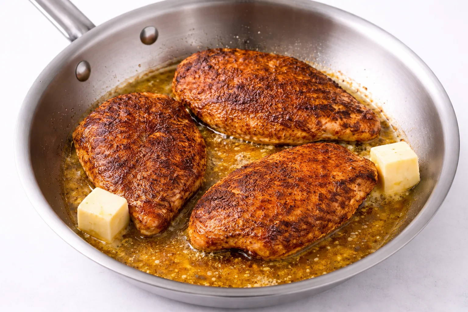 Chicken breasts cooking with butter in skillet for juicy Buffalo Chicken Sliders