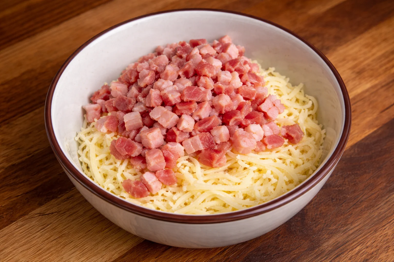 Diced red and green peppers added to cheese and bacon mixture for air fryer pizza cones