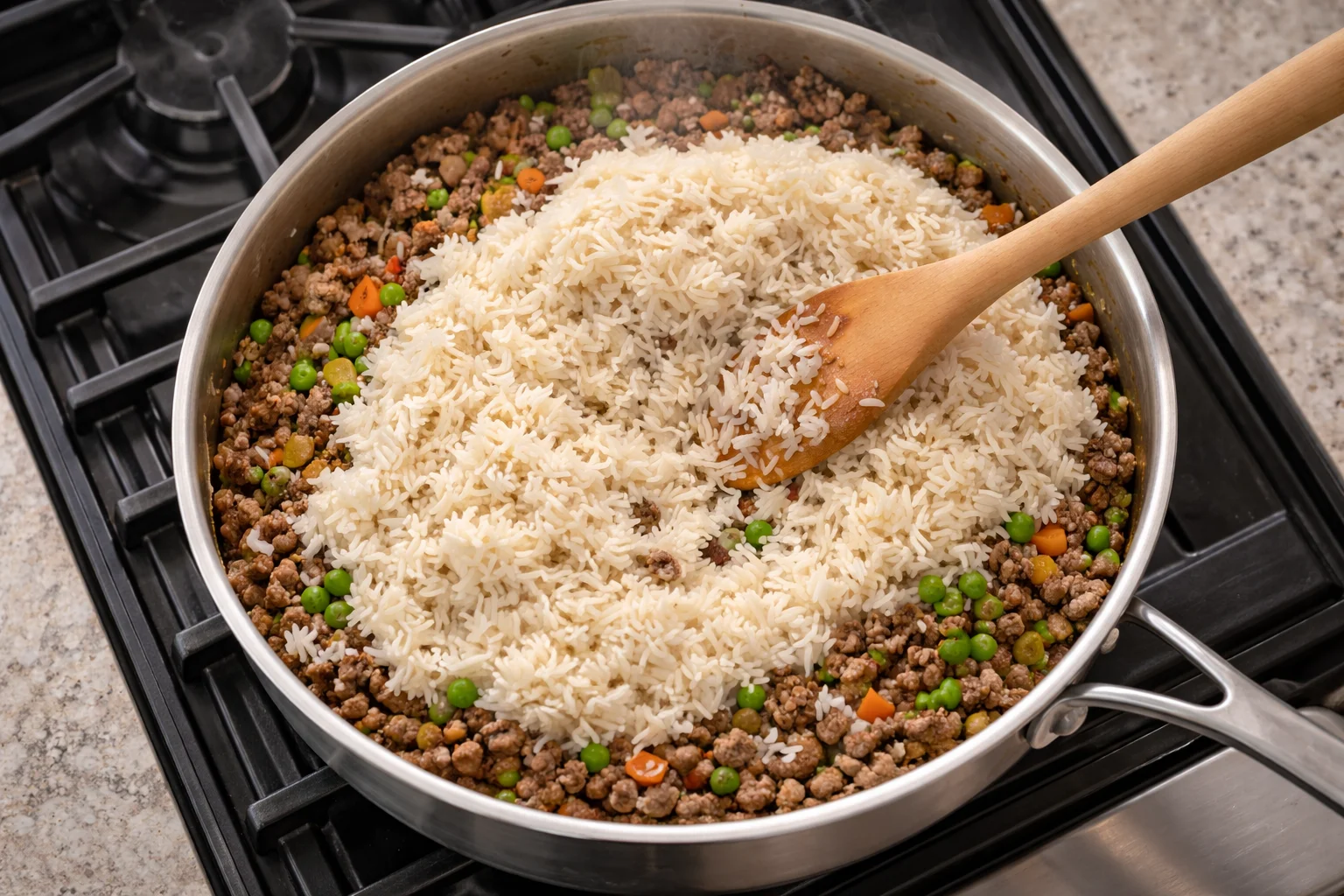 Rinsed white rice added on top of seasoned beef mixture in a large skillet