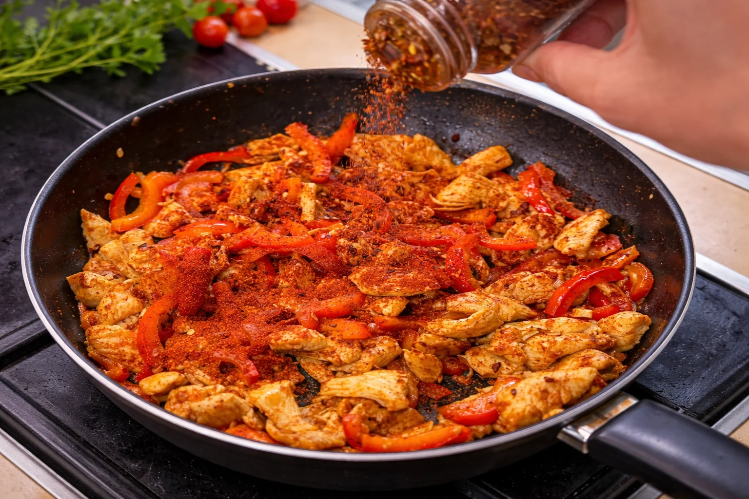 Red bell peppers and spices mixed with chicken in skillet