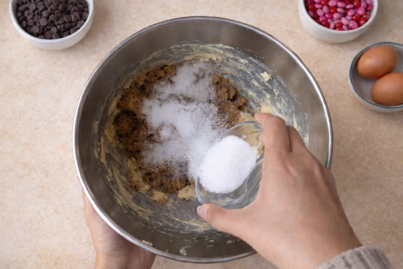 Brown sugar and granulated sugar added to creamed butter