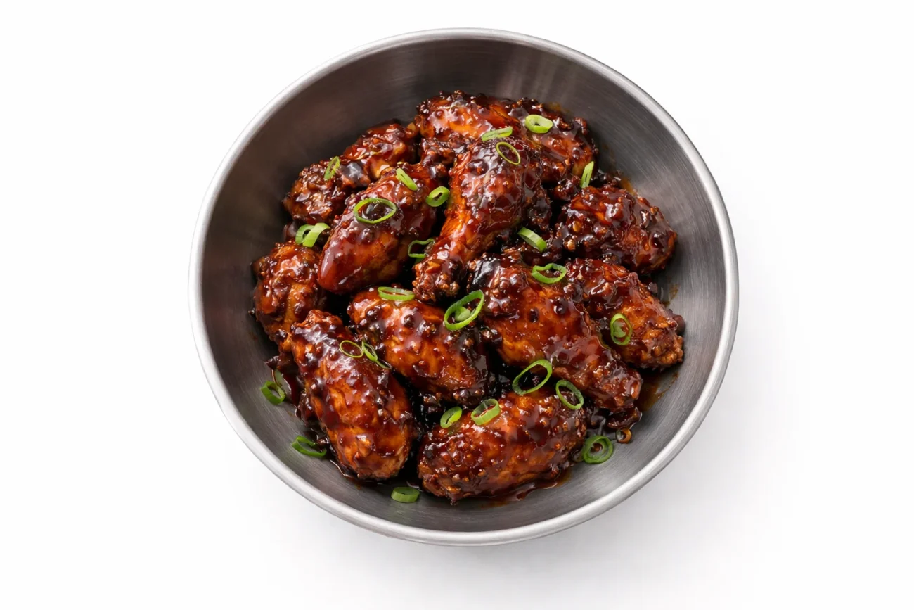 Crispy air fryer honey garlic chicken wings coated in thick glossy glaze and garnished with fresh green onions in a stainless steel bowl