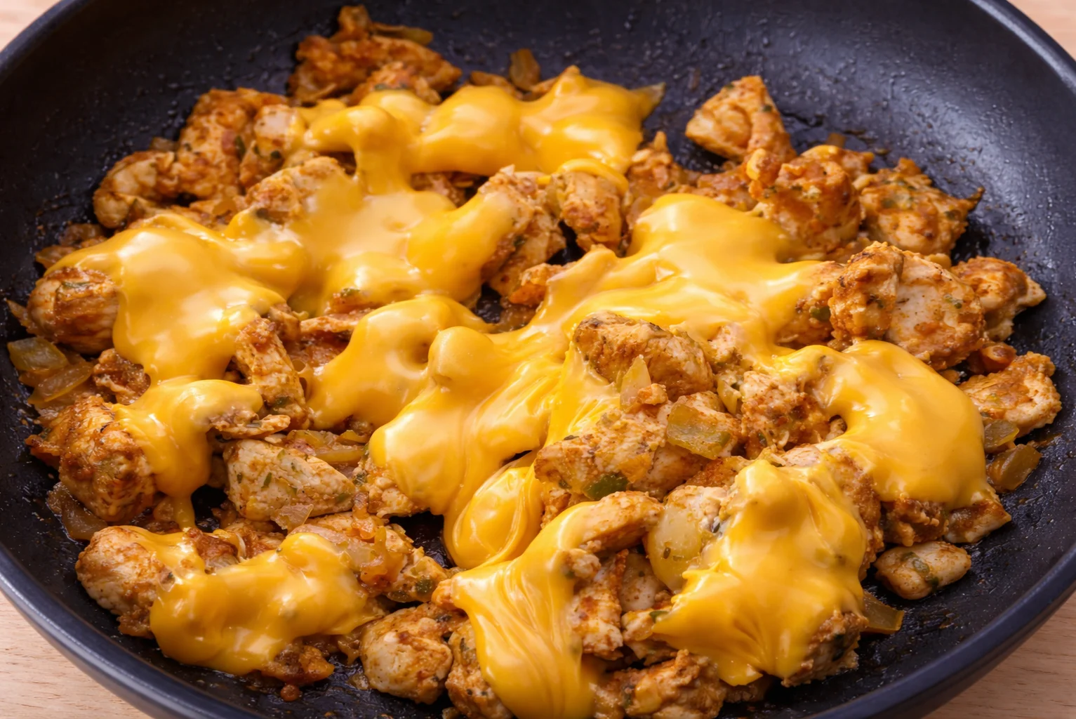 Melted cheddar cheese fully combined into seasoned chicken filling in a skillet