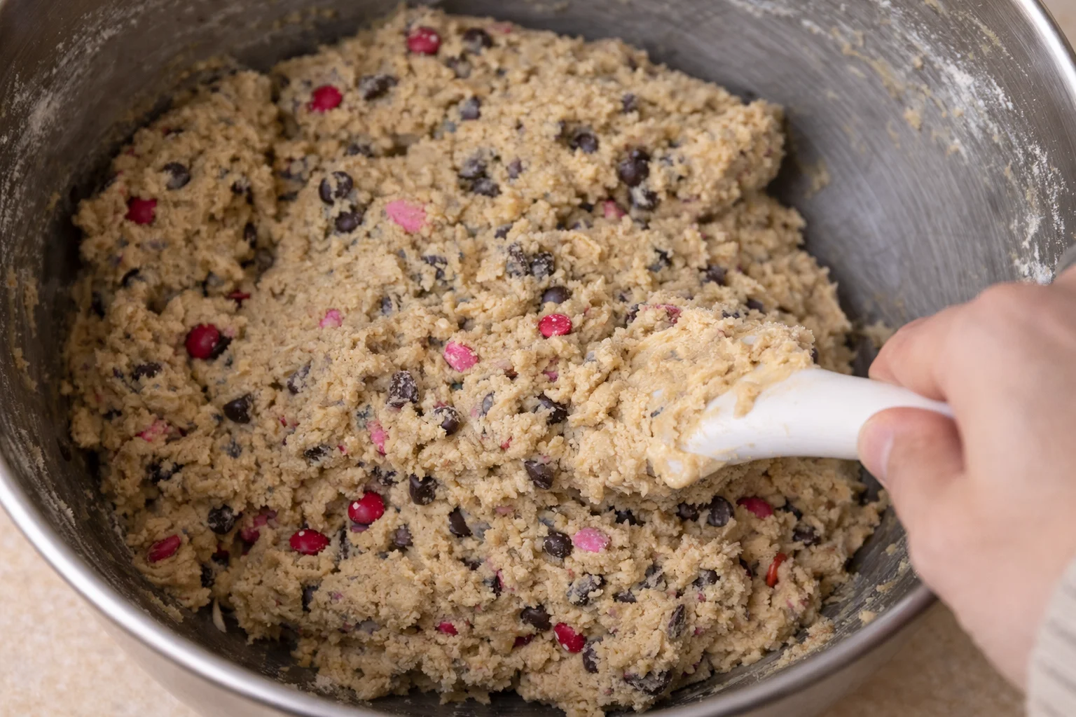 Chocolate chips and M&Ms folded evenly into cookie dough
