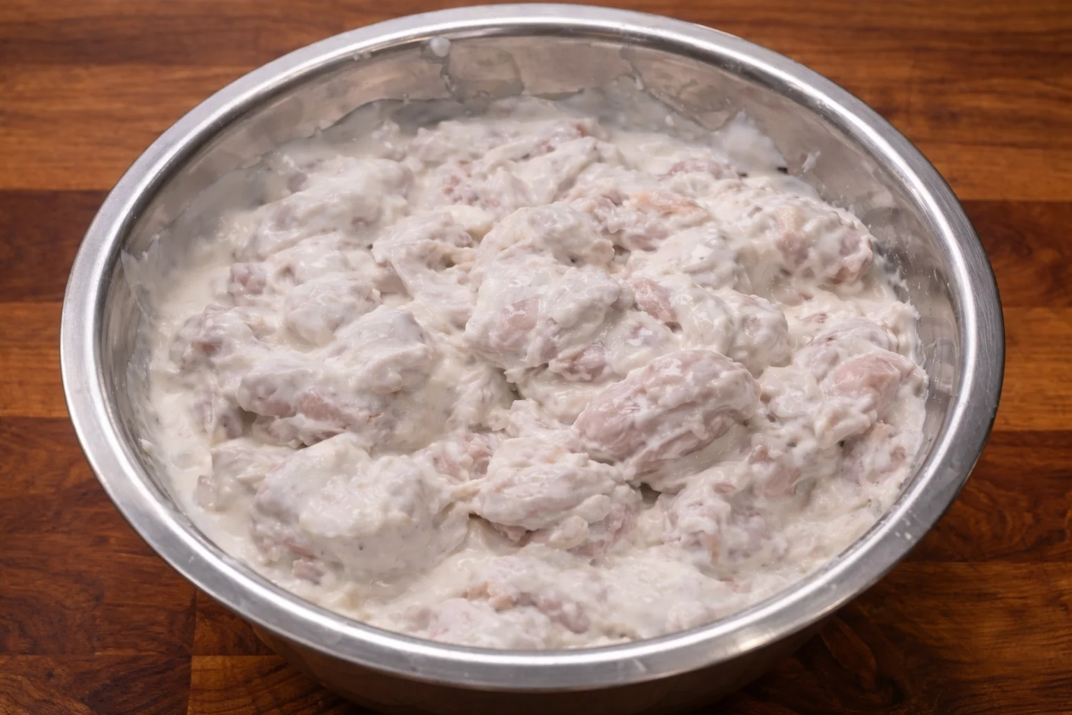 Chicken pieces fully coated in batter