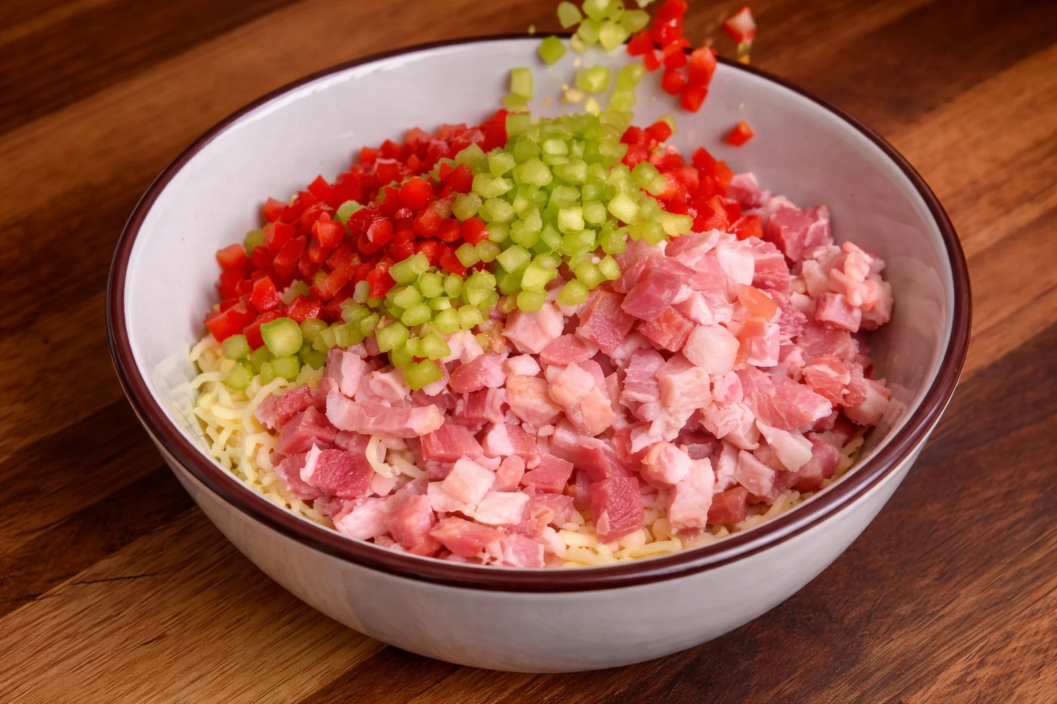 Shredded mozzarella cheese mixed with diced bacon for pizza cone filling