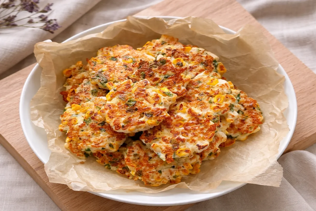 Golden chicken corn fritters with melted cheese and herbs served on a white plate