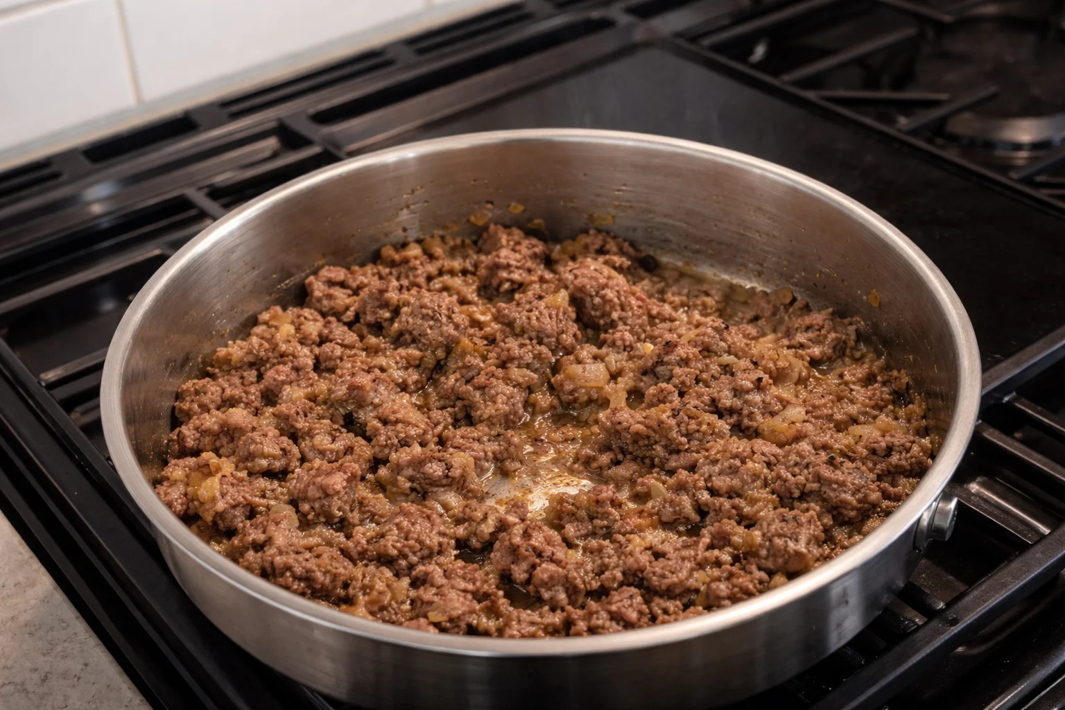 Ground beef fully browned and crumbled with onions in a large skillet