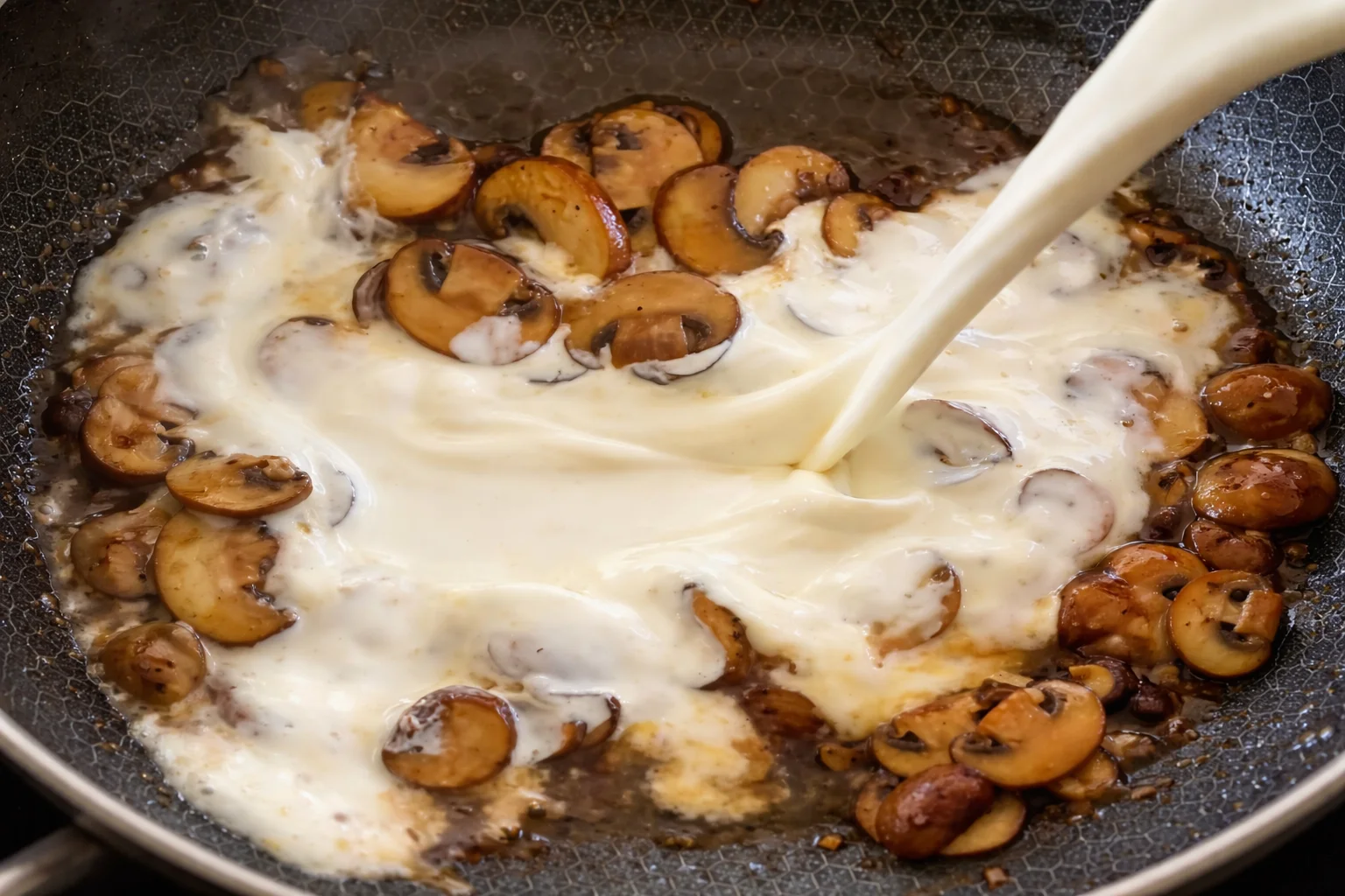 Heavy cream being poured into skillet with sautéed mushrooms