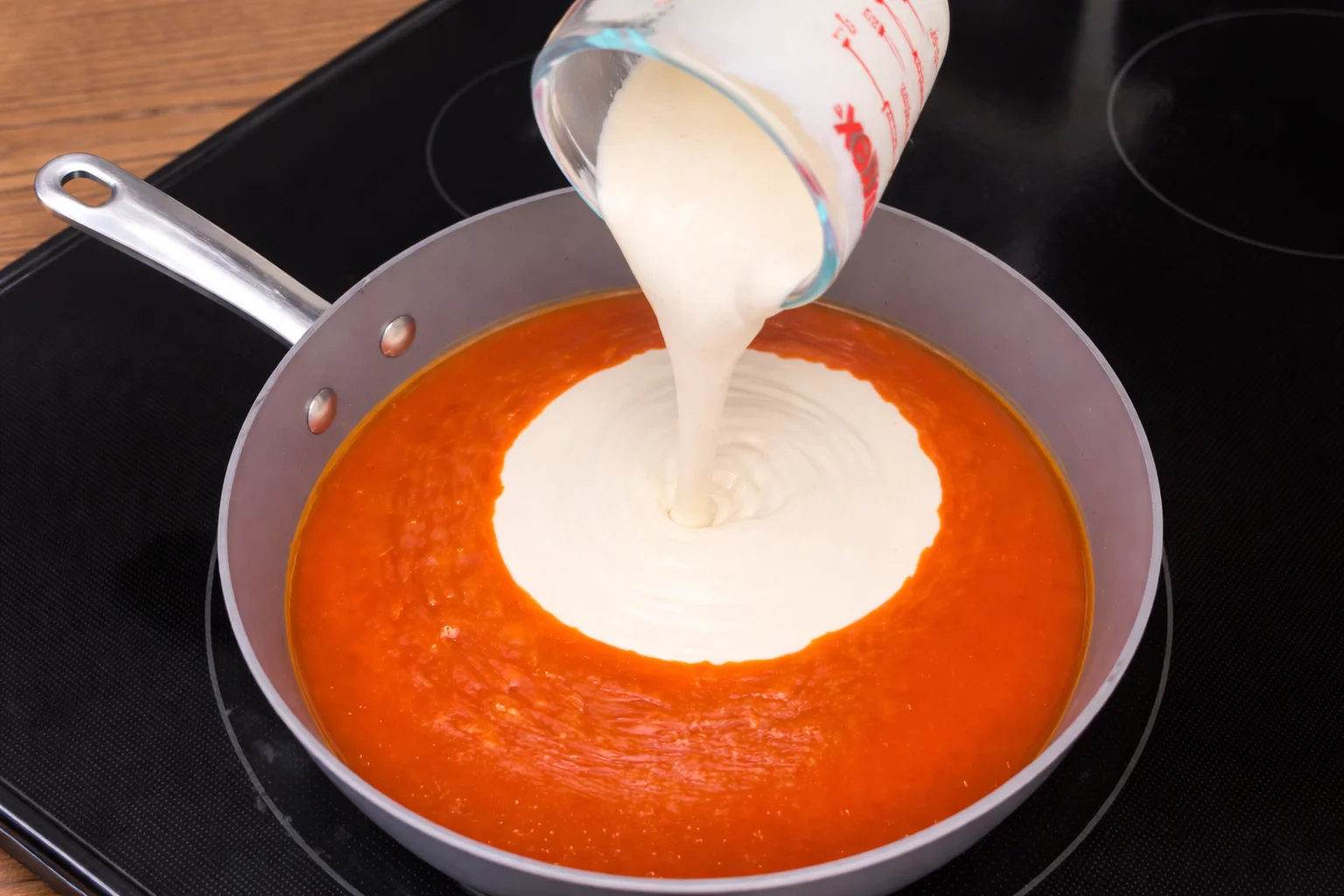 Ranch dressing being poured into buffalo sauce in a skillet