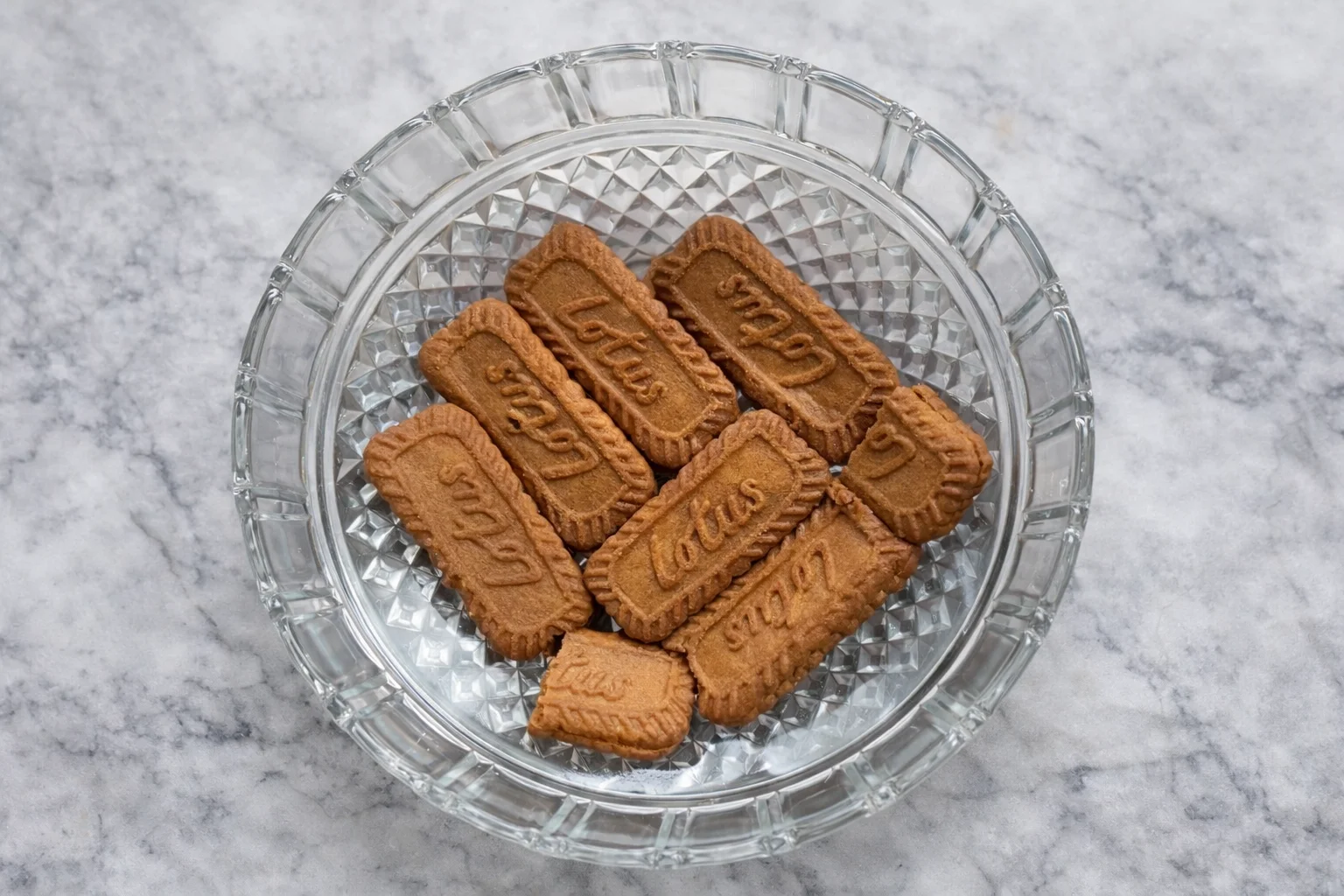 Lotus Biscoff biscuits arranged in a single layer over creamy mascarpone filling in a glass dish
