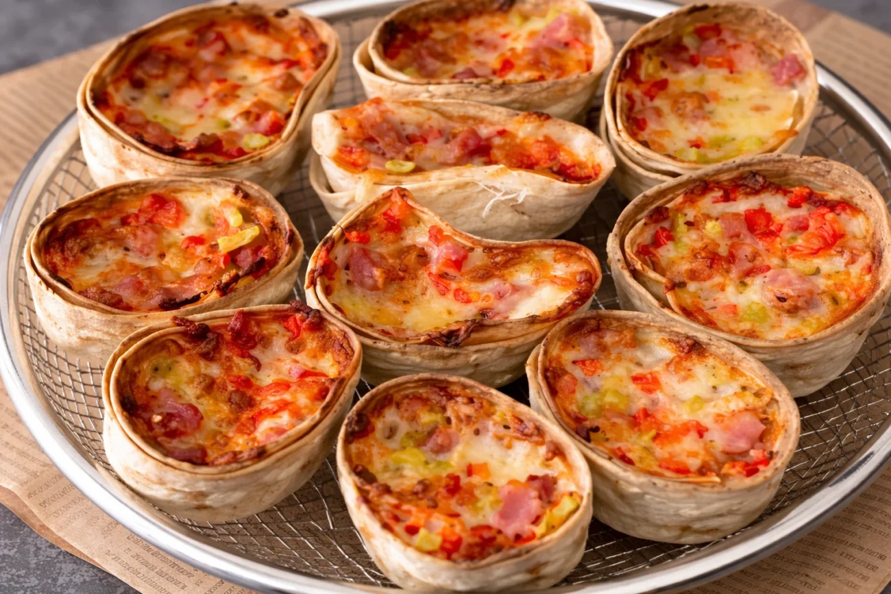 Golden cheesy beef cones baked in tortilla cups topped with diced peppers and melted mozzarella on a wire tray