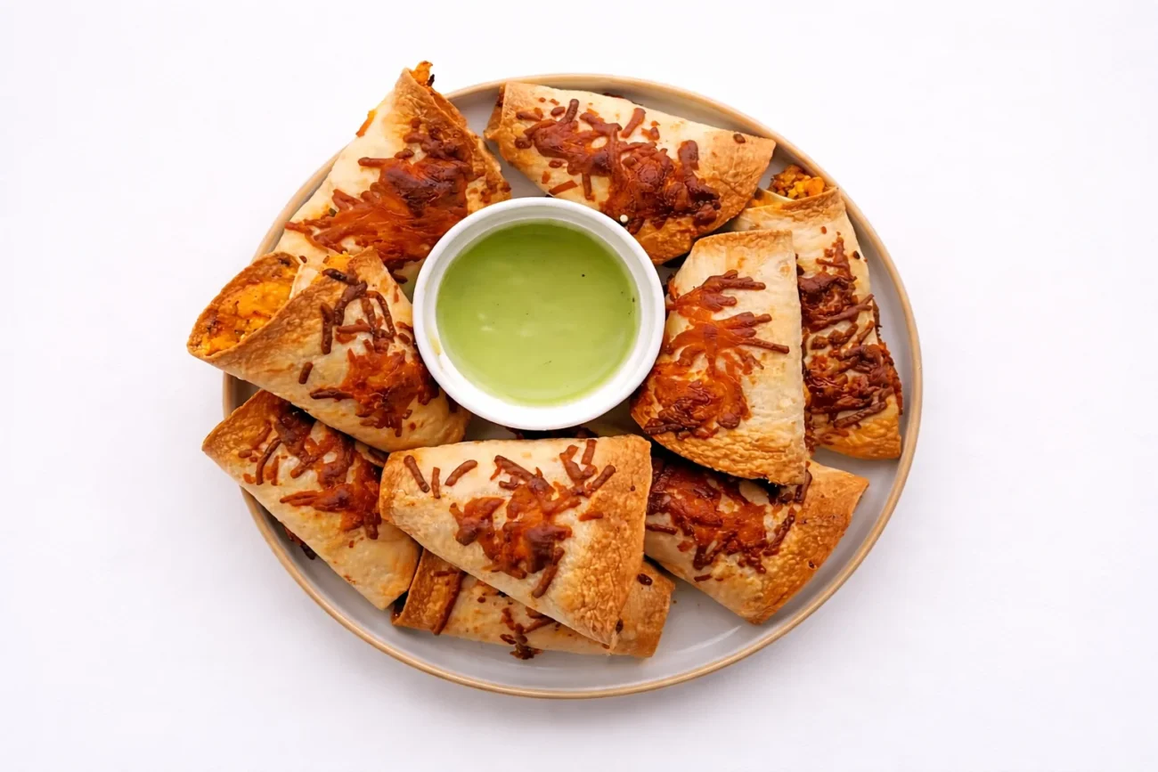 Golden baked buffalo chicken cones arranged on a plate with creamy green dipping sauce in the center