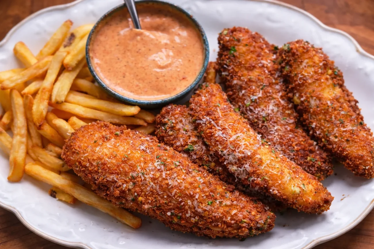 Crispy garlic parmesan chicken fingers served with golden fries and creamy dipping sauce on a white plate