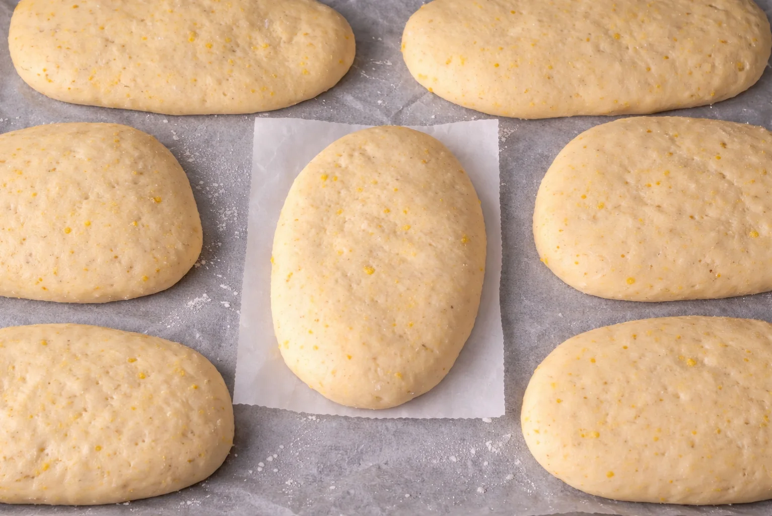Oval shaped dough pieces placed on parchment paper before cooking