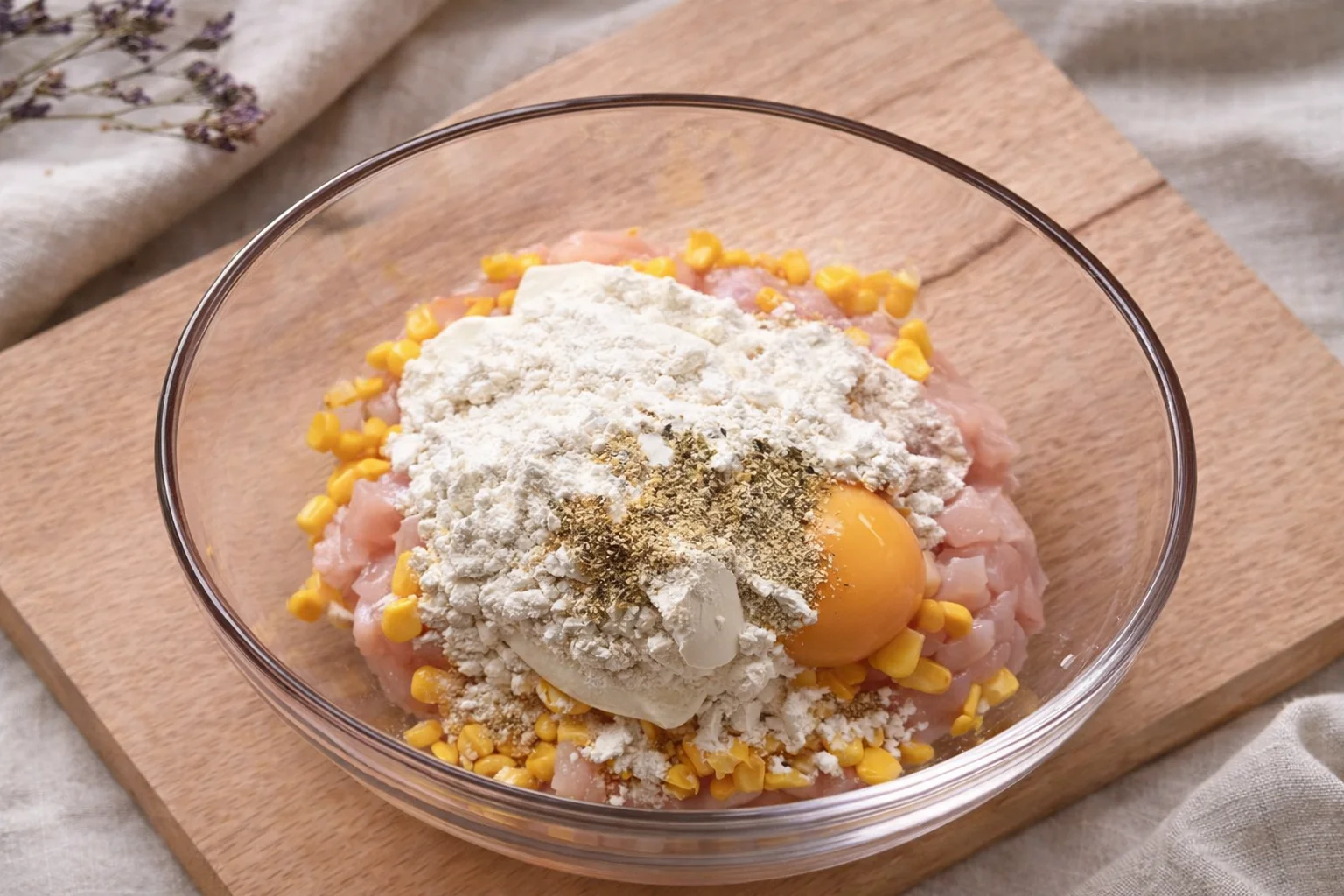 Chicken mixture topped with flour and seasoning before mixing