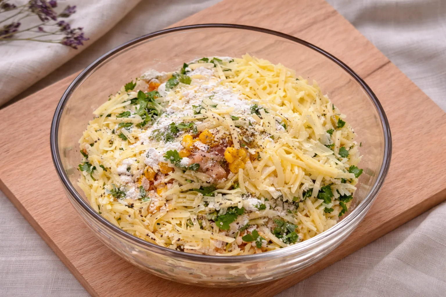 Chicken corn mixture layered with flour before final mixing