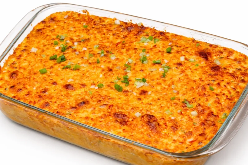 Baked buffalo chicken dip in a glass casserole dish with a golden bubbly cheese topping and fresh chopped green onions.