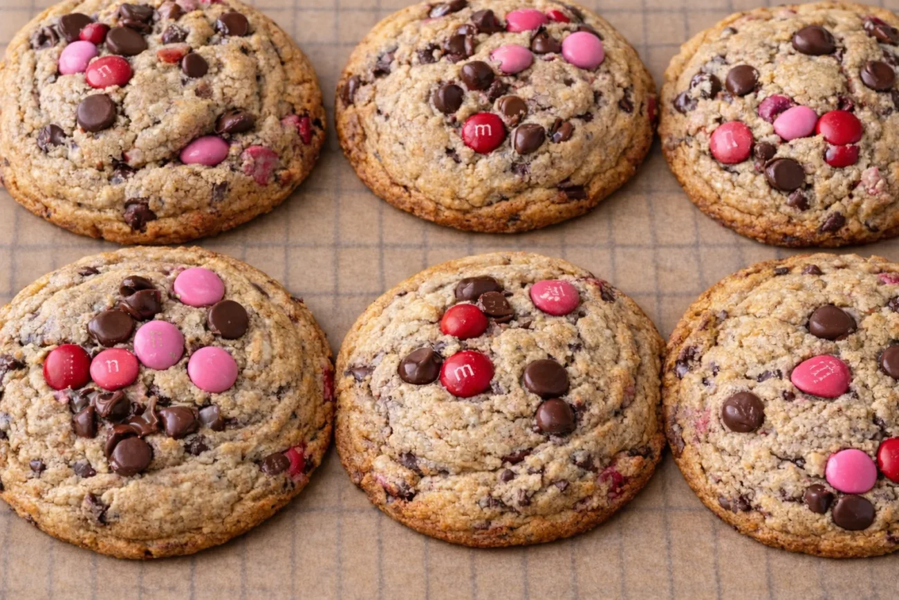 Valentine’s thick M&M cookies baked until golden, loaded with chocolate chips and pink and red M&M’s, arranged on parchment paper in a close-up view.