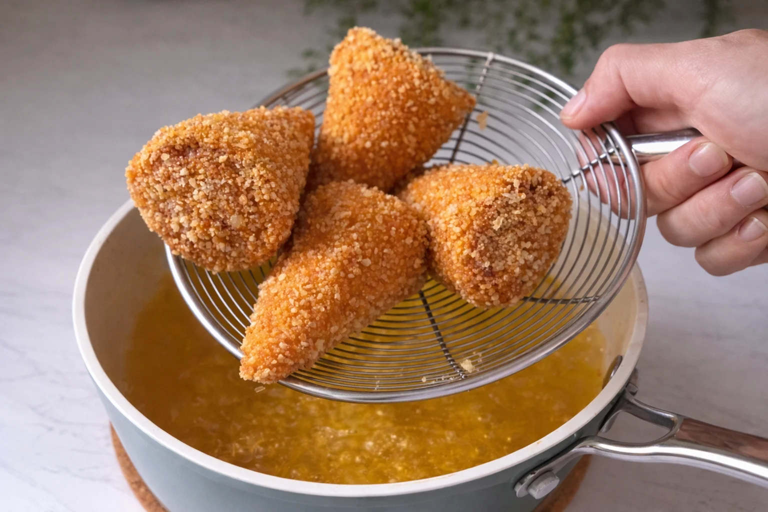 Golden crispy chicken cones frying in hot oil