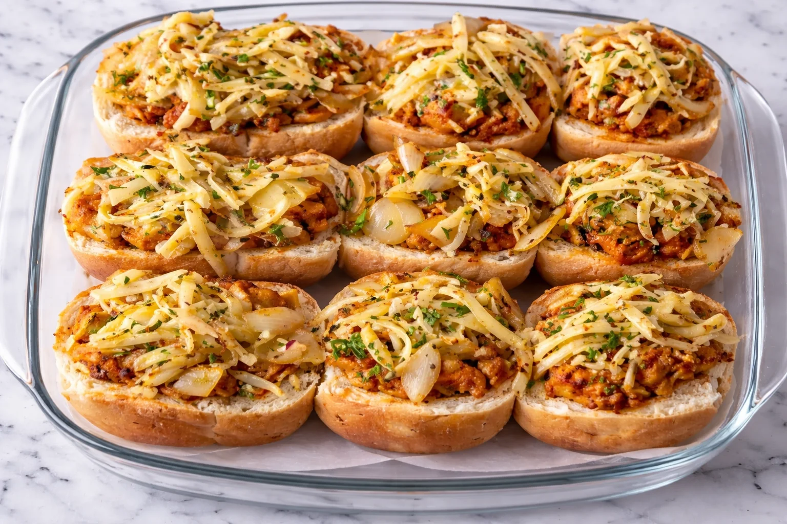 Grated cheese melting into cooked chicken mixture in skillet