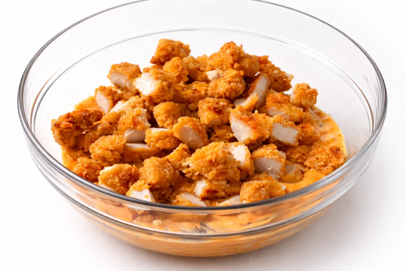 Golden crispy chicken pieces coated evenly in creamy buffalo sauce