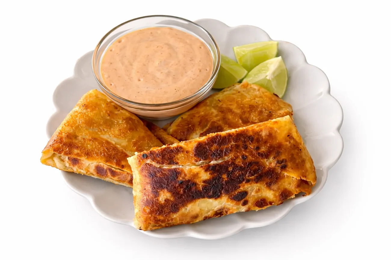 Crispy chicken quesadillas served on a white plate with creamy chipotle sauce and fresh lime wedges.