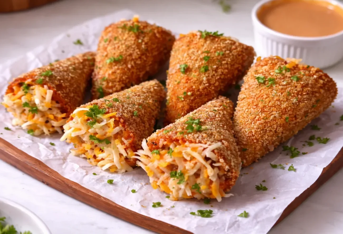 Crispy chicken cones filled with cheesy chicken and coated in golden breadcrumbs, served with a creamy dipping sauce