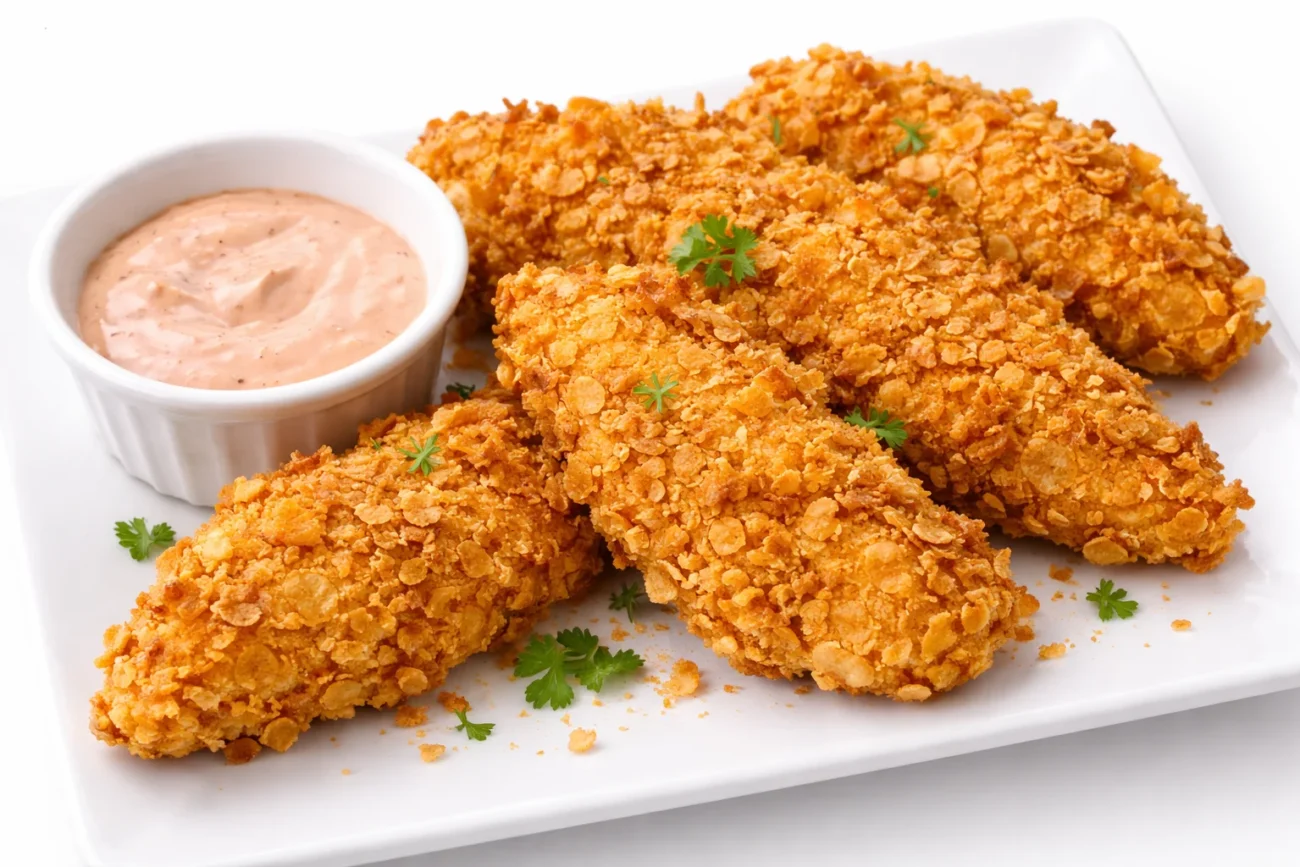 Crispy cornflake crusted air fryer chicken tenders served with dipping sauce