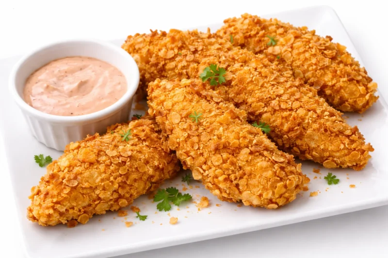 Crispy cornflake crusted air fryer chicken tenders served with dipping sauce