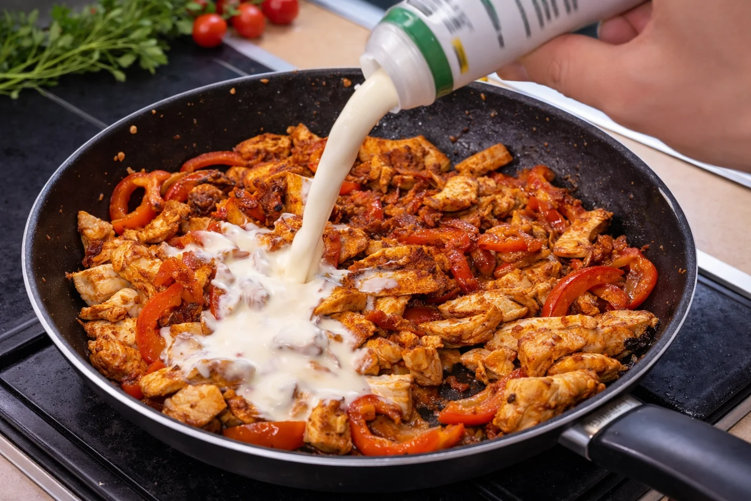 Heavy cream being poured into paprika chicken skillet