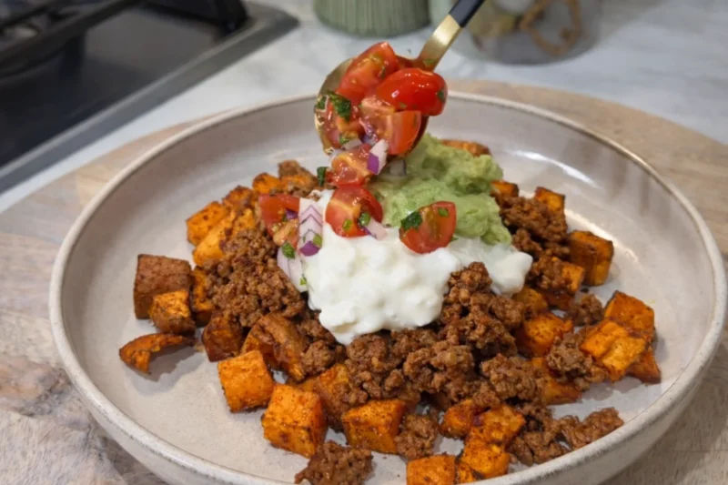 The Viral 10/10 Hot Honey Taco Beef Bowl with Crispy Sweet Potatoes