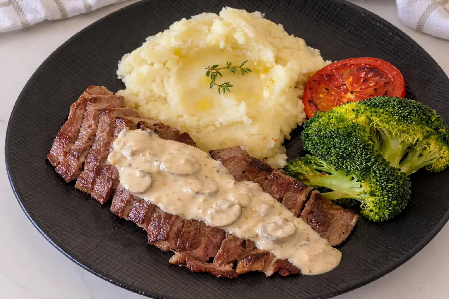Juicy sliced steak topped with creamy mushroom sauce served with mashed potatoes and vegetables