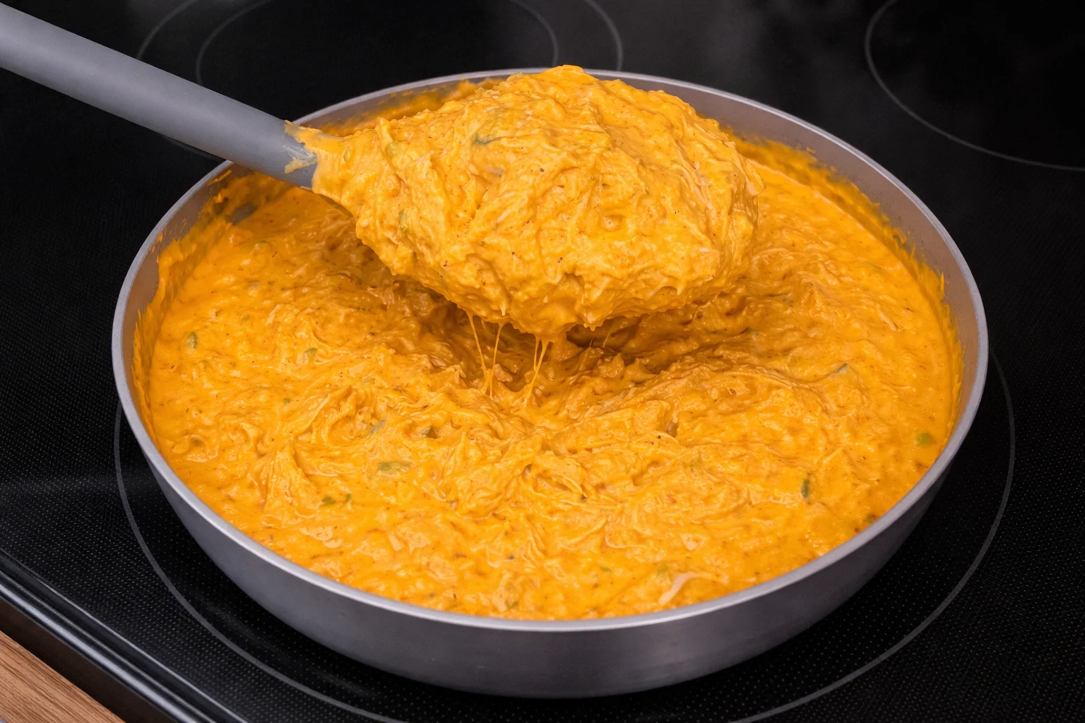 Creamy buffalo chicken dip fully combined in skillet