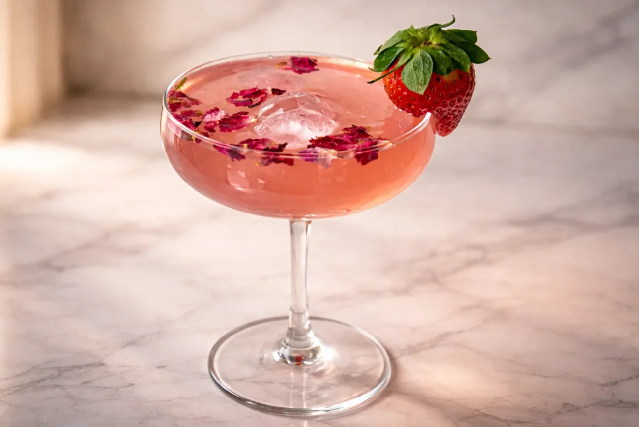 Pink Gin Fizz Valentine cocktail in a coupe glass garnished with a fresh strawberry and dried rose petals
