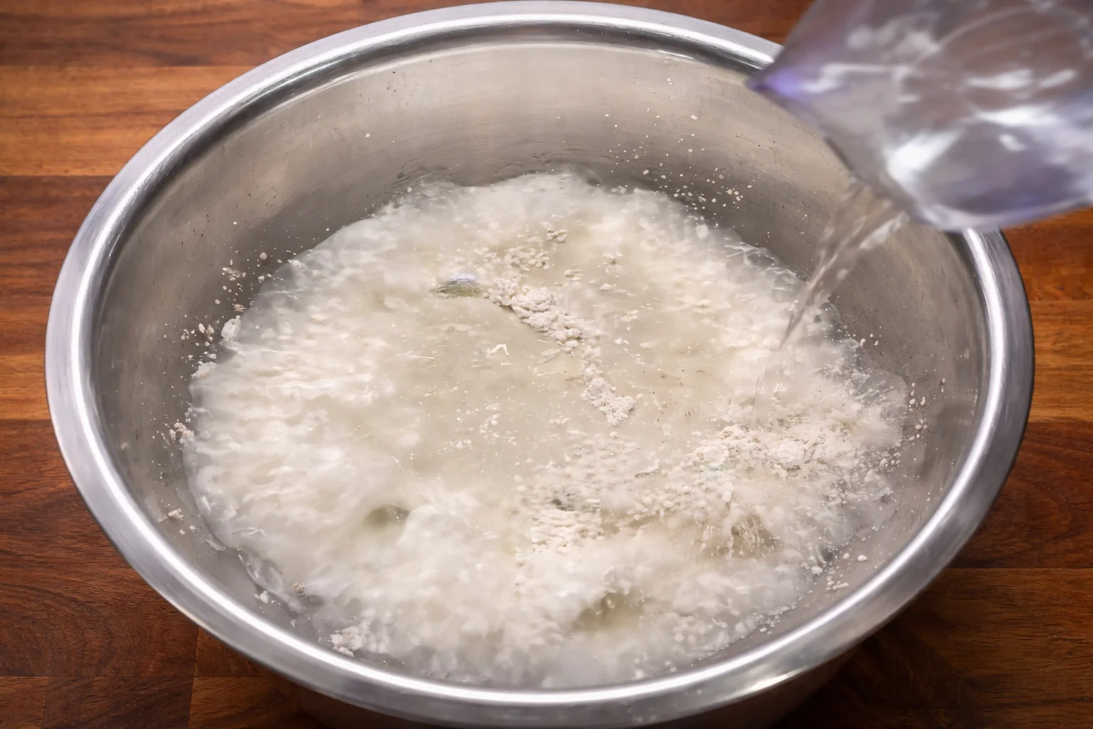 Cold water being poured into flour mixture to create batter