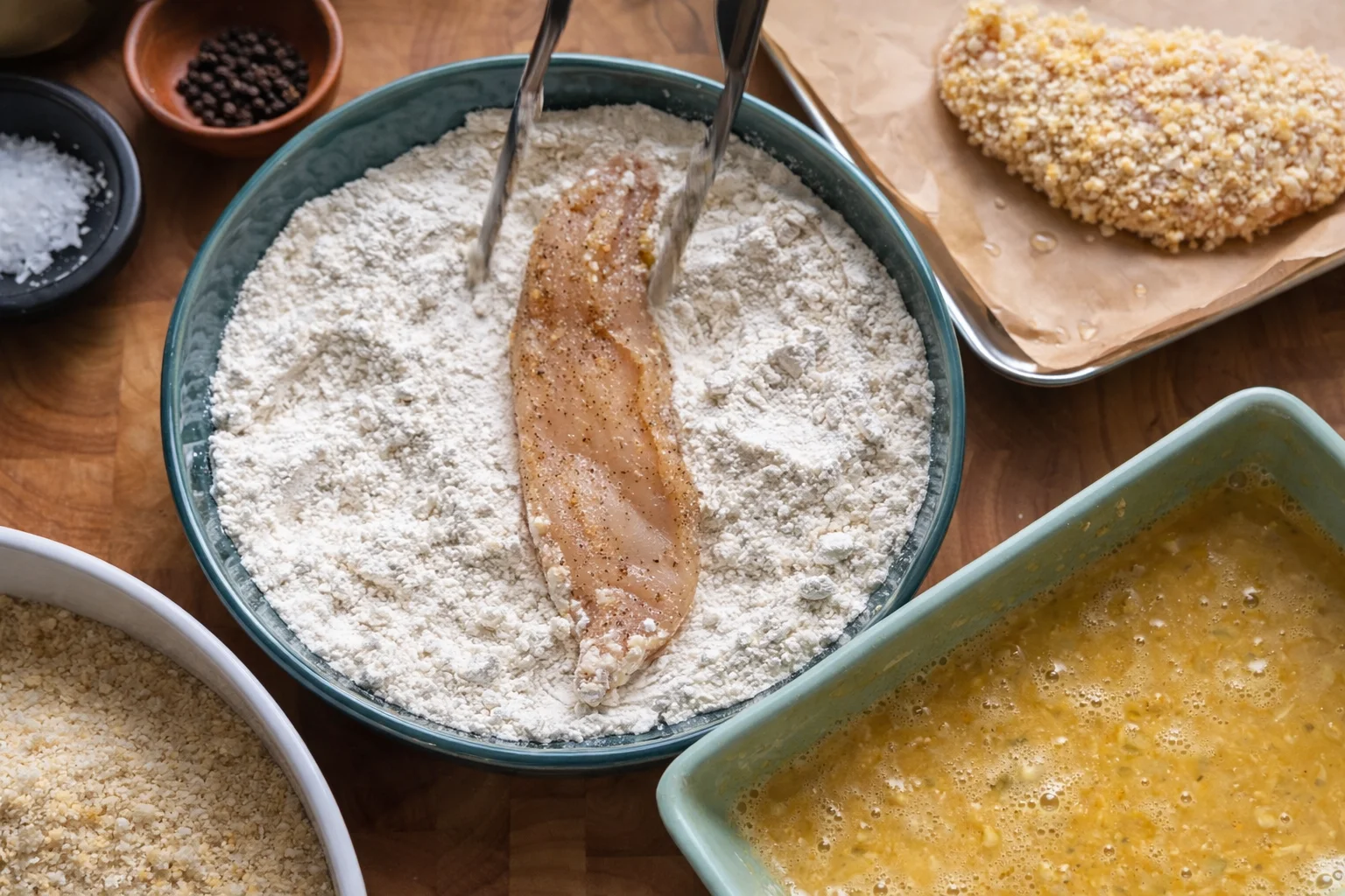 Chicken tender coated in seasoned flour during the breading process for garlic parmesan chicken tenders