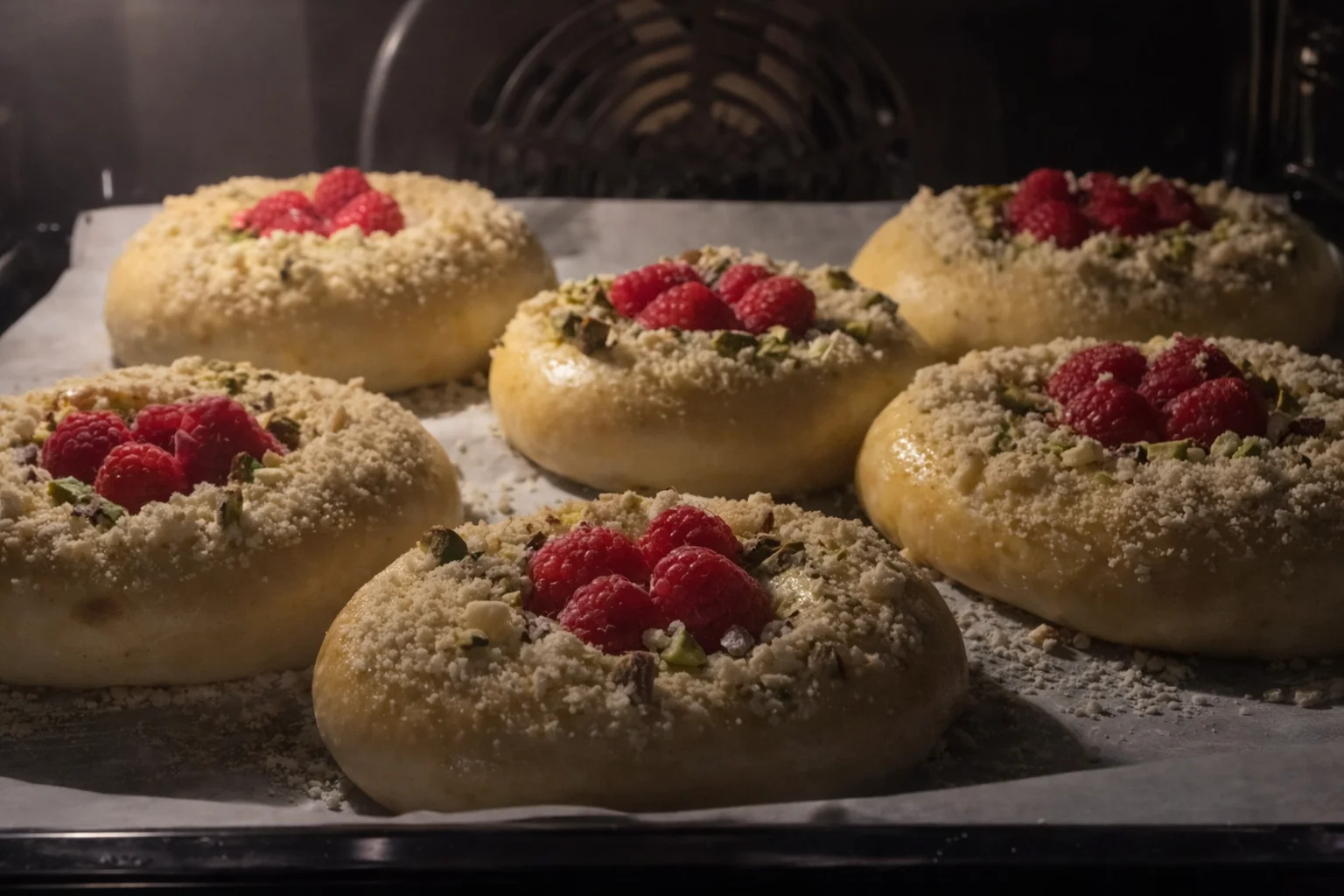Baked raspberry pistachio buns