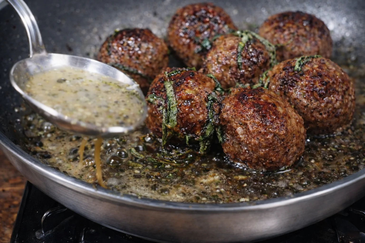 Meatballs browning in a skillet