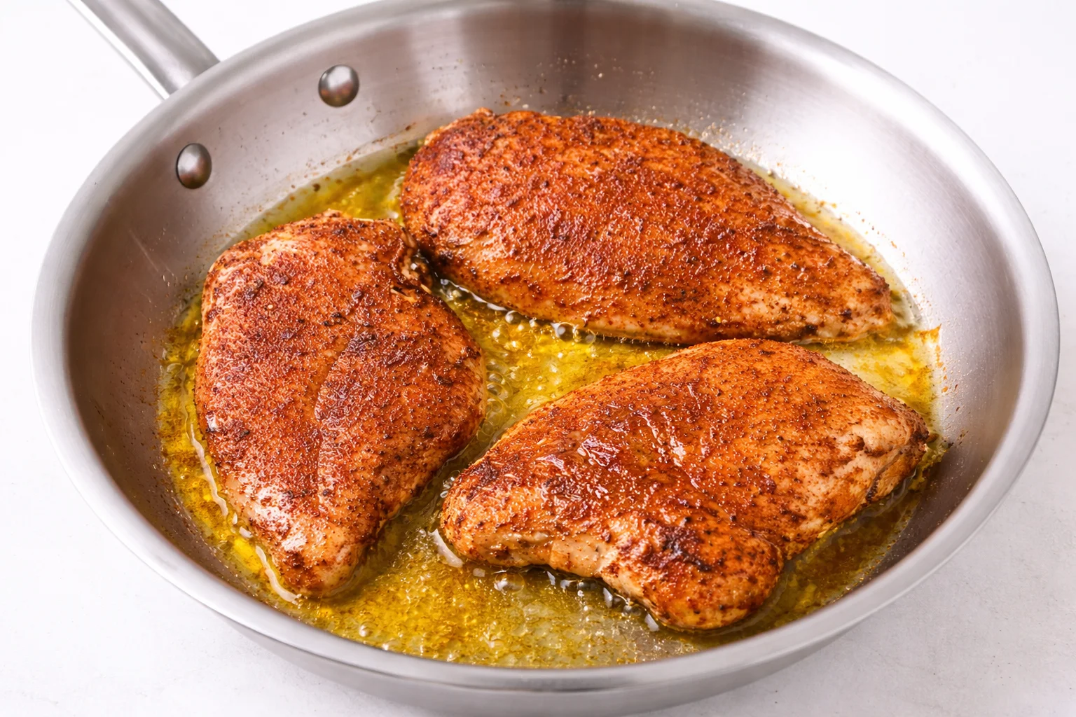 Seasoned chicken breasts searing in skillet to lock in juices for Buffalo Chicken Sliders