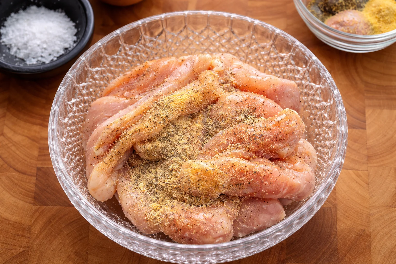 Seasoned raw chicken breast strips with garlic powder and black pepper in a glass bowl, ready for crispy garlic parmesan chicken tenders