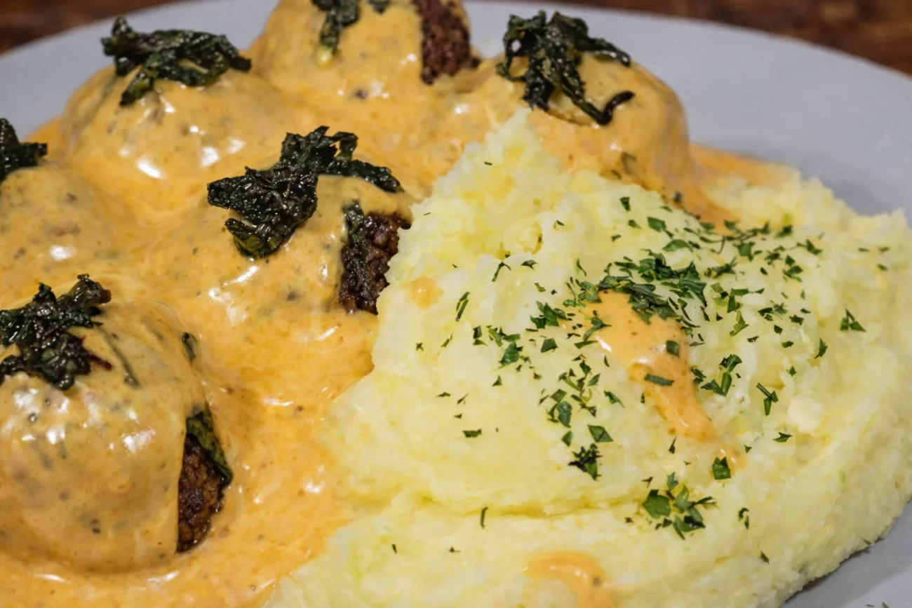 Creamy cheese meatballs served over mashed potatoes, finished with herbs.