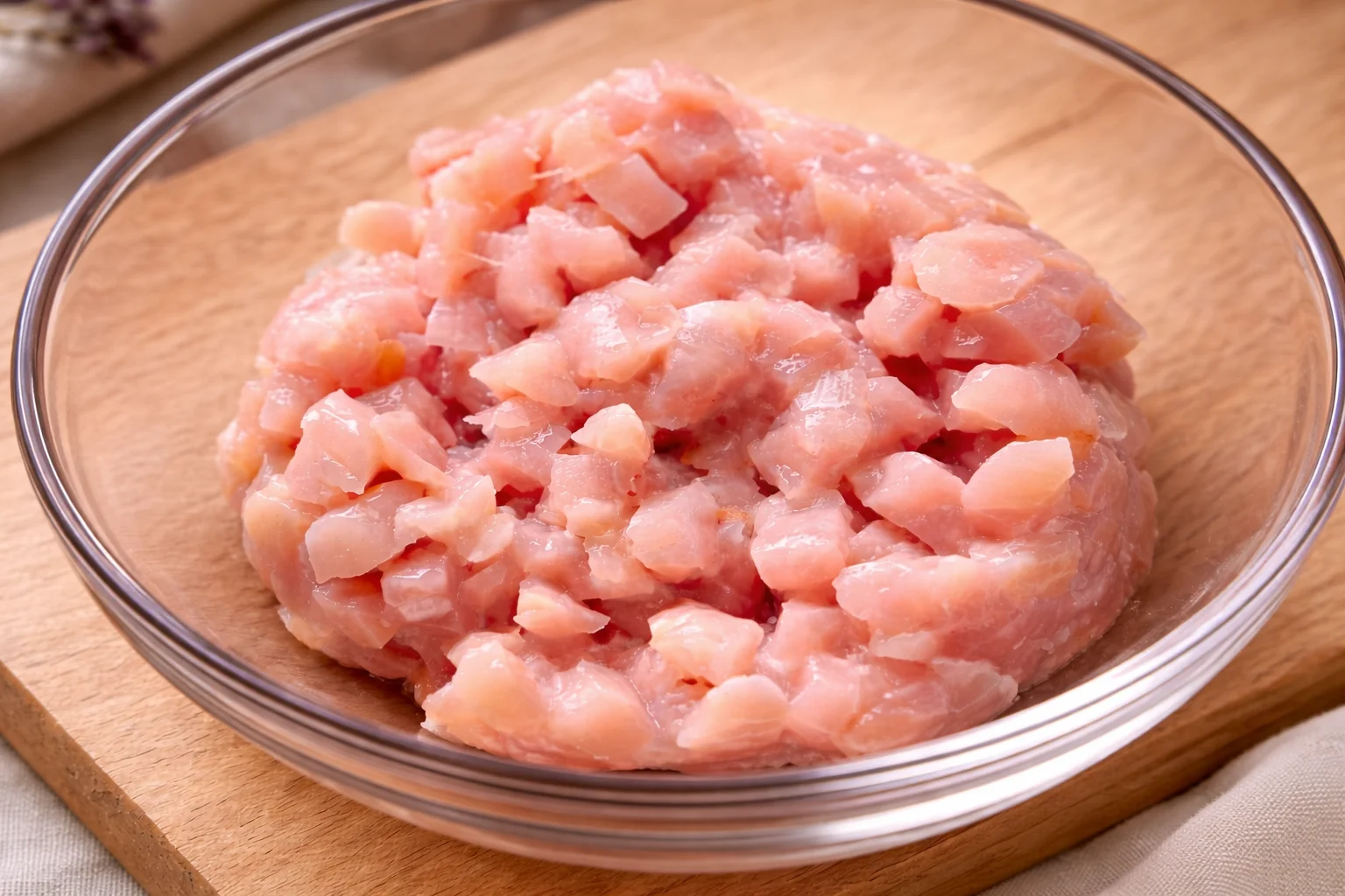Finely diced raw chicken breast in a clear glass bowl on a wooden board