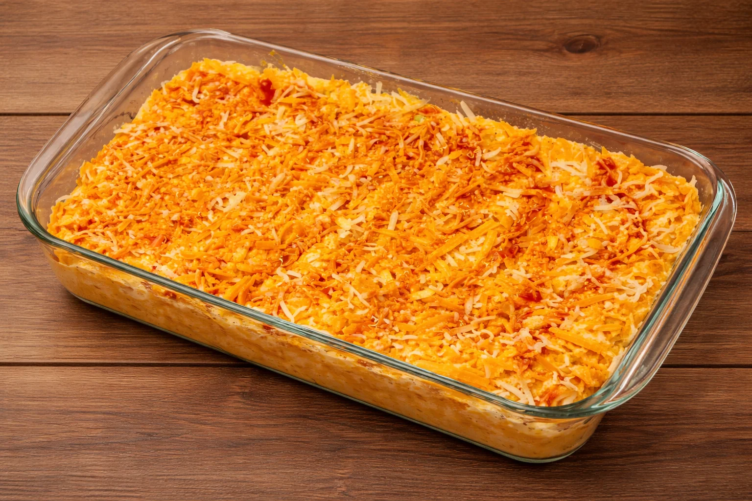 Buffalo chicken dip in baking dish topped with shredded cheese before baking