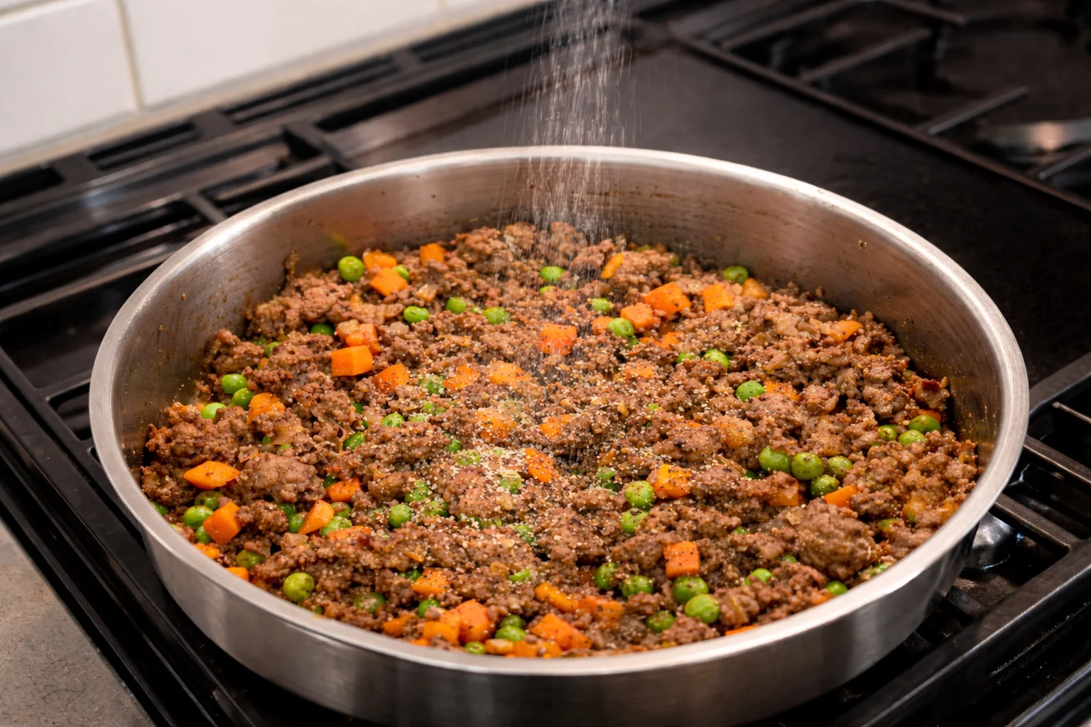 Ground beef mixed with peas and carrots while seasoning is sprinkled over the skillet