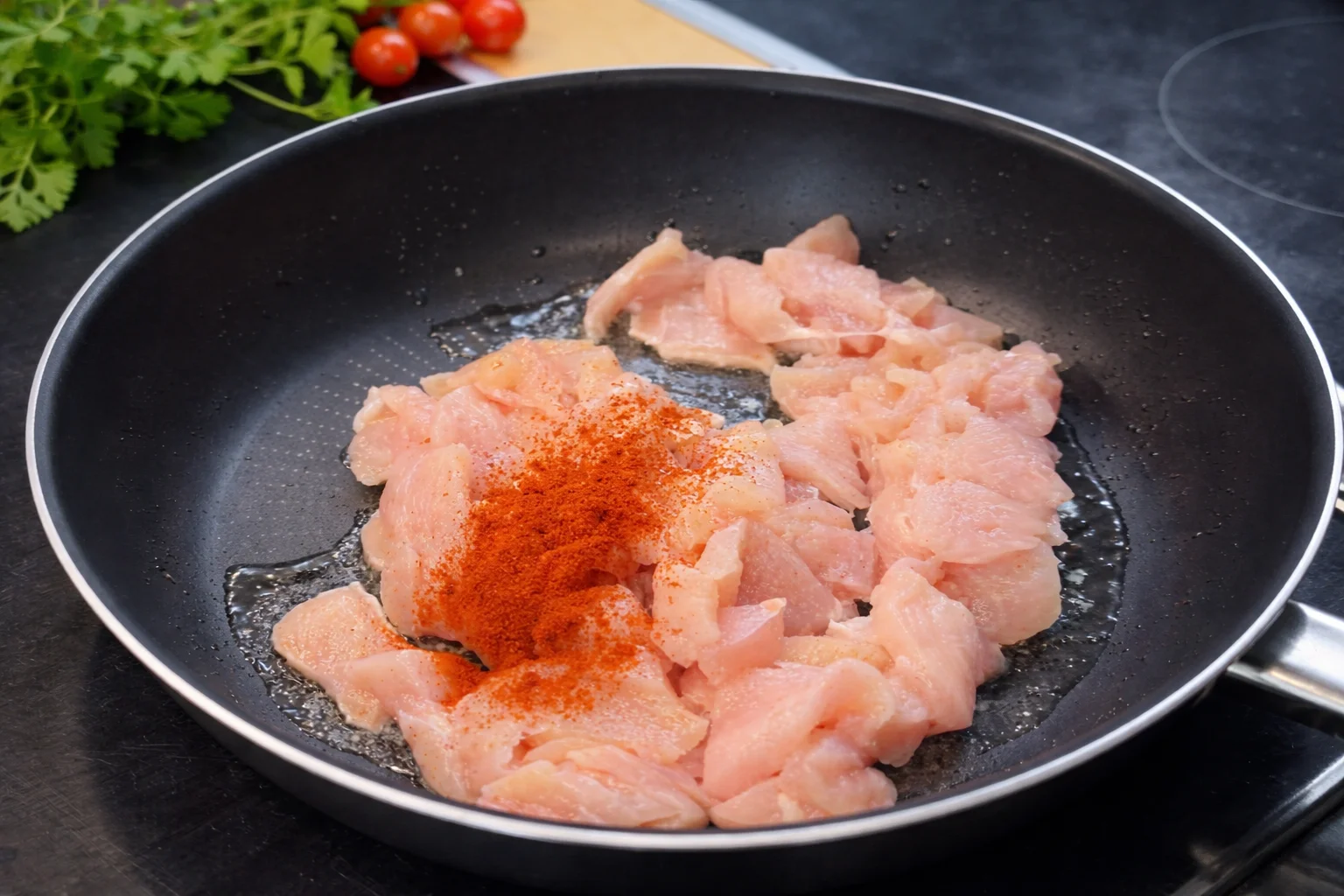Paprika being added to chicken in a skillet