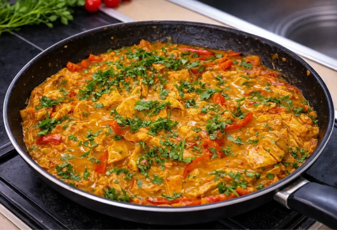 Creamy paprika chicken skillet garnished with fresh parsley