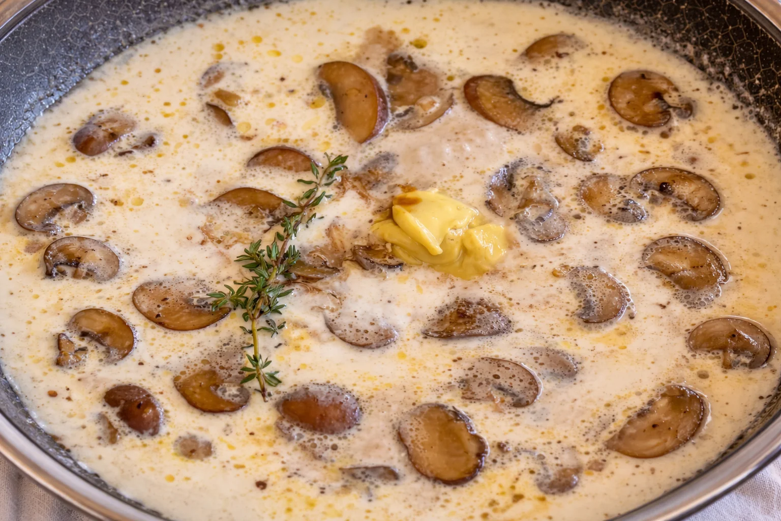Creamy mushroom sauce thickening in skillet to smooth velvety texture